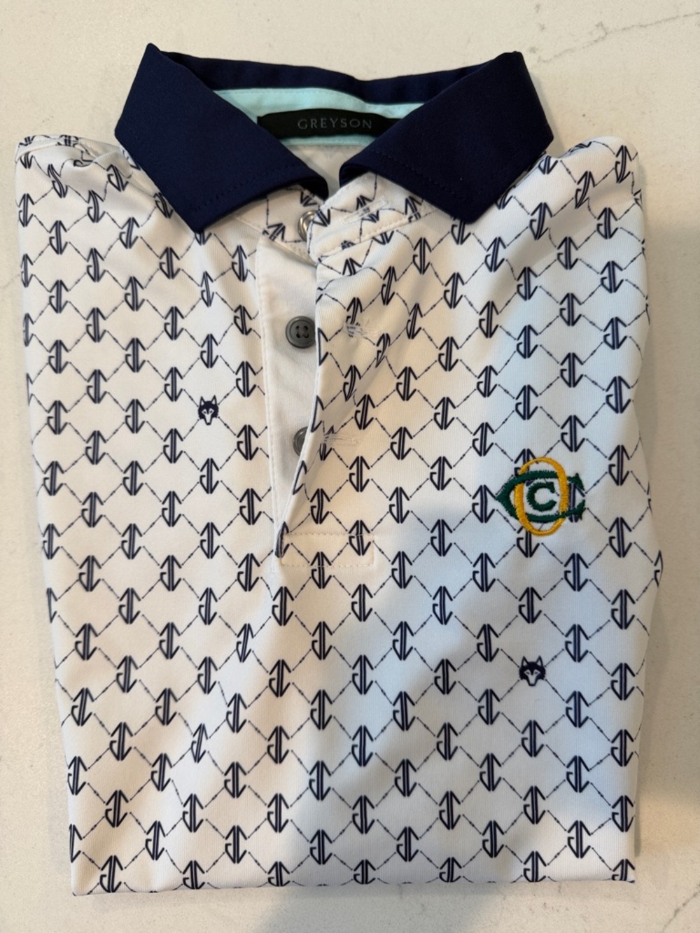 Greyson White Polo with Navy Geometric Pattern & Navy Collar